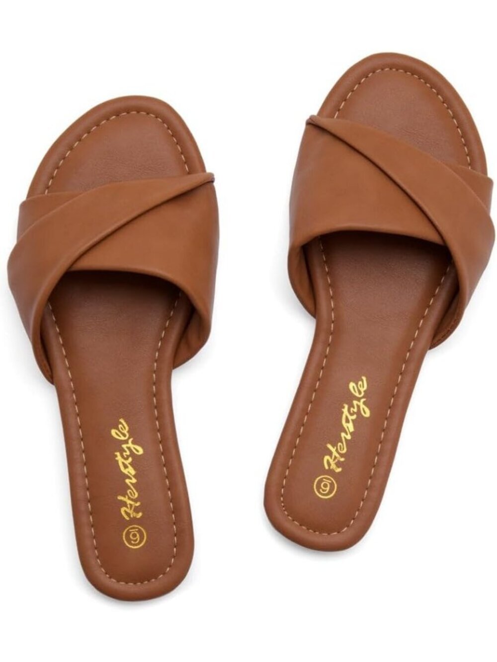 Women's Tan Flats Slip On Open Toe Casual Slides Cushioned Footbed Summer Shoes - Picture 5 of 7